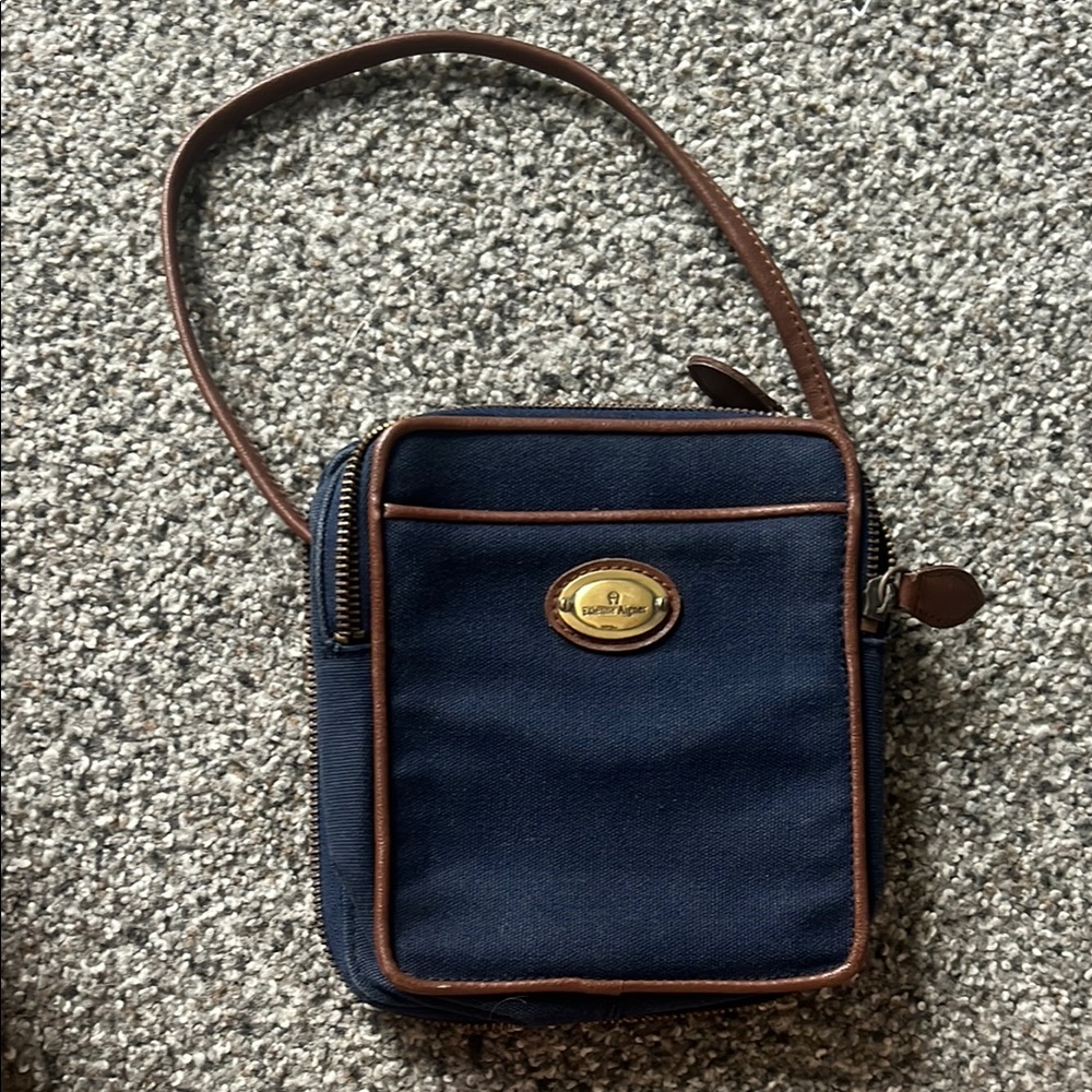 Vintage Etienne Aigner Blue and Brown Bag with Leather Trim